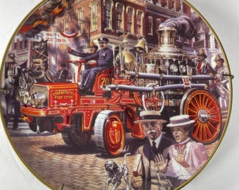 Franklin Mint Fire Truck Collector Plate Christie Drawn Amoskeag Pumper Wm Stroduski National Fire Museum Vintage Porcelain Decor