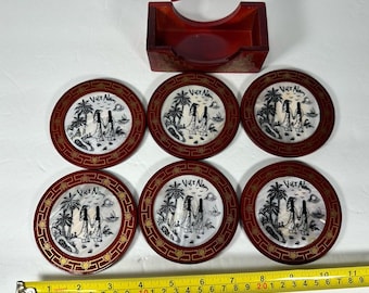 Mid Century Vietnam Lacquer Coasters Set of 6, Mother of Pearl Wooden Drink Coasters, Handmade Saigon Art, Asian Tabletop Accessor