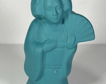 Vintage Teal Blue Geisha Vase Planter, Japanese Ceramic Figurine, Mid Century Asian Decor, Kimono Lady Statue, Bud Vase, Turquoise Pottery,
