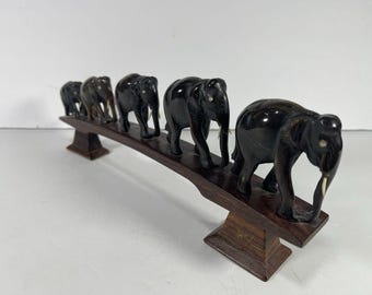 Vintage Carved Horn Elephant Sculpture 5 Elephant Procession Bridge Figurine Asian Decor 12.5”