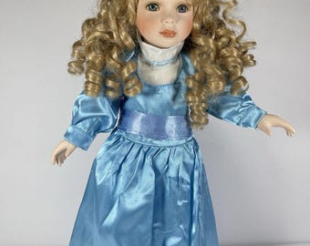 Vintage Porcelain Collector Doll 18” – Blonde Curls Blue Satin Dress – Victorian Style Doll with Stand