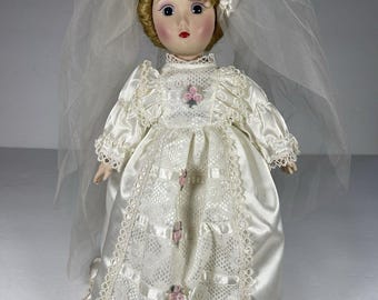 Vintage Porcelain Bride Doll 12” Blonde Curls White Satin Lace Wedding Dress Taiwan Bridal Doll Collectible Display Decor