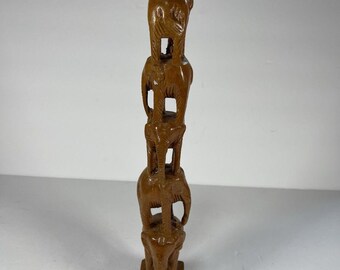 Vintage Hand Carved Wooden Elephant Totem Tower Figurine 15.5” Stacked 6 Elephants Folk Art Sculpture Boho Safari Decor Gift