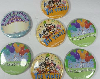 WDW Celebration Buttons Lot of 7 – 1st Visit Birthday & I’m Celebrating – Disney Parks 3" Pins