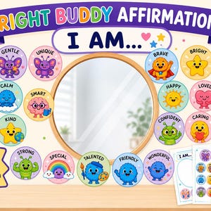May include: A circular mirror surrounded by colorful circular stickers featuring cartoon characters and positive affirmations like Gentle, Unique, Brave, Bright, Calm, Smart, Happy, Loved, Kind, Confident, Caring, Strong, Special, Talented, Friendly, and Wonderful.
