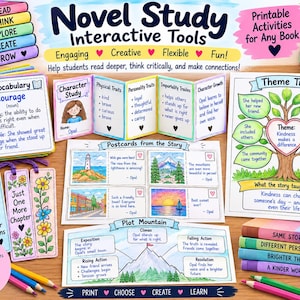 May include: A collection of printable educational materials for novel studies, including a stack of vocabulary cards, a character study accordion foldout, a theme tree diagram, postcards, bookmarks, and a plot mountain chart with colorful illustrations.