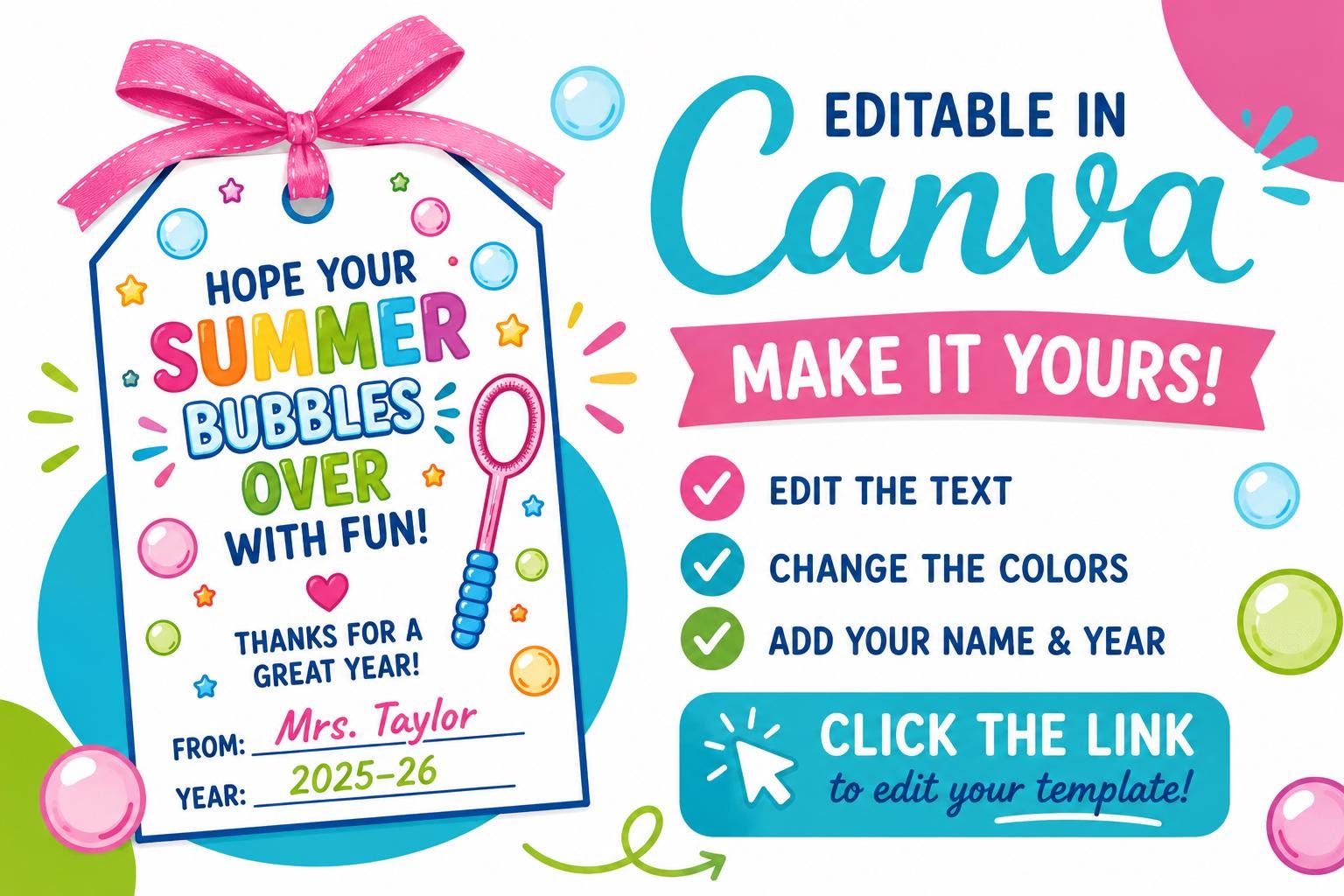 Summer Bubble Gift Tags | Teacher End of Year, Printable PDF, Editable ...