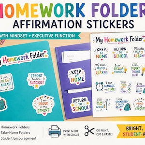 Homework Folder Sticker Bundle | Growth Mindset & Executive Function Stickers | Cricut Print Then Cut PNG | Printable School Folder Labels |