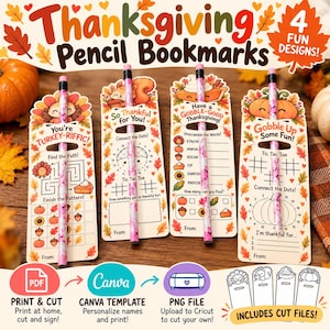 Lesezeichen mit Bleistift zum Ausdrucken, bearbeitbare Canva-Vorlage, Cricut-PNG, Gastgeschenke für die Schulklasse, Thanksgiving-Aktivitäten für Kinder