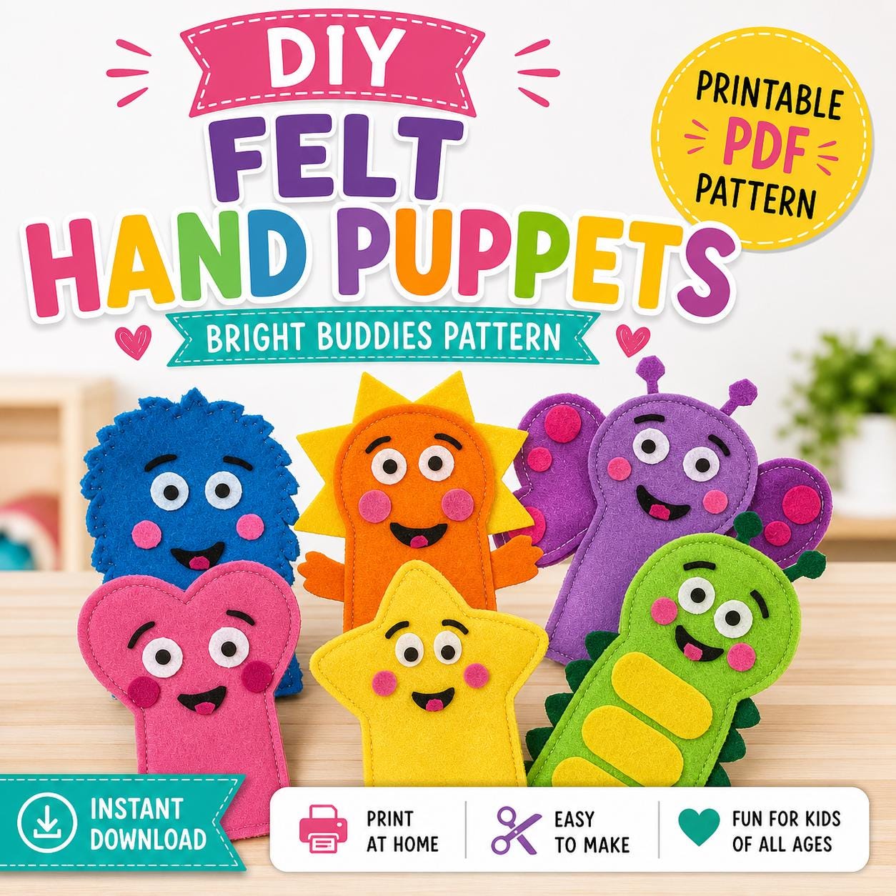37 Fabulous Felt Crafts For Kids: Simple and Budget-Friendly 32 Felt Hand Puppet Pattern Bright Buddies Craft, Kids Activity…