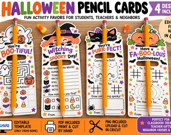 May include: Four rectangular Halloween pencil cards featuring colorful illustrations of a ghost, a witch, a black cat, and a pumpkin. Each card includes activity games like mazes, word scrambles, and dot-to-dots, with a yellow pencil inserted through two slots.
