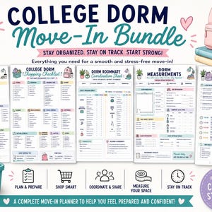 May include: A digital bundle of five printable pages for college dorm move-in organization. The set includes a move-in checklist, shopping list, roommate coordination sheet, measurements tracker, and move-in timeline, all featuring pastel accents.
