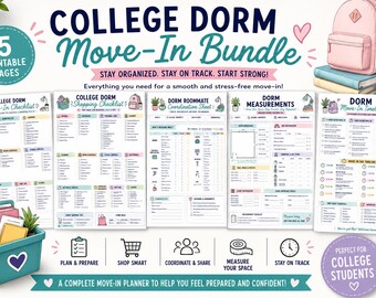 Può includere: Un set digitale di cinque pagine stampabili per organizzare il trasloco in un dormitorio universitario. Il kit include una lista di controllo, una lista della spesa, un foglio per il coordinamento dei coinquilini, misurazioni e una cronologia.