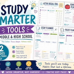 May include: A set of 12 study planner pages for middle and high school students, featuring an Active Recall Tool, Pomodoro Planner, Essay Planner, and Project Planner. The documents include sections for tracking tasks, habits, and goals.