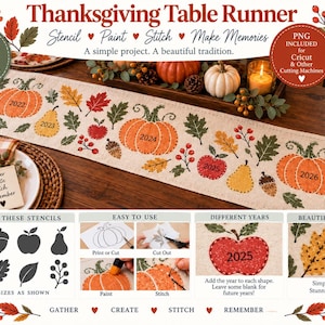 Peut inclure: Un projet de chemin de table de Thanksgiving sur tissu beige avec des citrouilles orange, des poires jaunes, des pommes rouges et des feuilles d'automne. Le design inclut les années 2022 à 2026, mesurant 61 cm sur 183 cm, avec pochoirs.