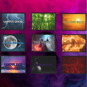 Può includere: Nove toppe rettangolari con sfondi e testi diversi. Le toppe mostrano il seguente testo: LAWFUL GOOD, NEUTRAL GOOD, CHAOTIC GOOD, LAWFUL NEUTRAL, TRUE NEUTRAL, CHAOTIC NEUTRAL, LAWFUL EVIL, NEUTRAL EVIL e CHAOTIC EVIL.
