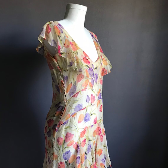 Lovely 1920s Silk Chiffon Tulip Print Dress