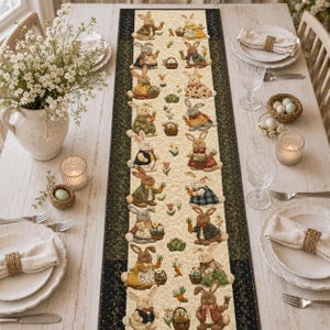 May include: A rectangular table runner featuring a cream-coloured centre panel with a repeating pattern of illustrated rabbits in various outfits, surrounded by a dark green border with gold vine accents and a subtle textured fabric finish.