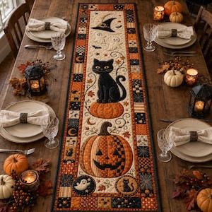 Quiltad Halloween-bordlöpare, svart kattpumpa-matdekoration