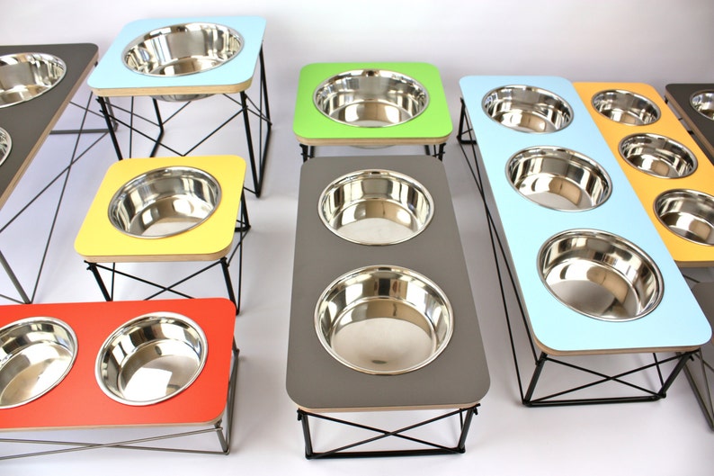 Triple Bowl Modern Pet Feeder Dog Bowl or Cat Bowl Elevated Feeder Mid Century Modern Design Eames Inspired, Pet Feeder, Feeding Station image 5