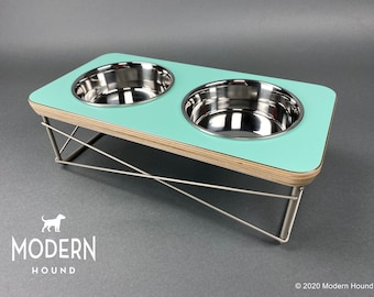 Mid Century Modern Elevated Dog Bowl Stand: Baltic Birch, Stainless Steel