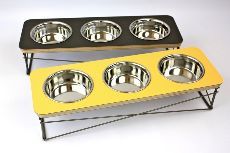 Triple Bowl Modern Pet Feeder Dog Bowl or Cat Bowl Elevated Feeder Mid Century Modern Design Eames Inspired, Pet Feeder, Feeding Station image 2