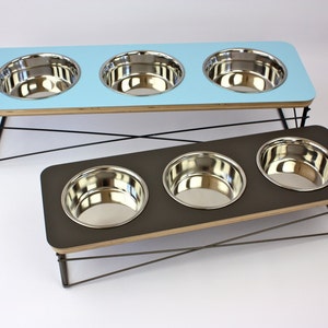 Triple Bowl Modern Pet Feeder Dog Bowl or Cat Bowl Elevated Feeder Mid Century Modern Design Eames Inspired, Pet Feeder, Feeding Station image 1