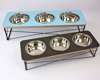 Triple Bowl Modern Pet Feeder - Dog Bowl or Cat Bowl Elevated Feeder Mid Century Modern Design Eames Inspired, Pet Feeder, Feeding Station