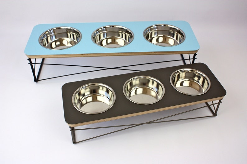 Triple Bowl Modern Pet Feeder Dog Bowl or Cat Bowl Elevated Feeder Mid Century Modern Design Eames Inspired, Pet Feeder, Feeding Station image 1