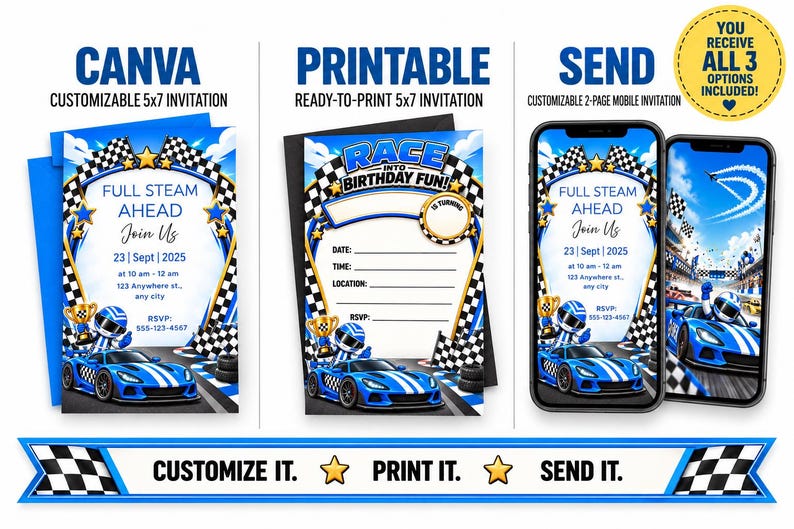 Race Car | Customizable | Printable | Mobil Invites - Etsy