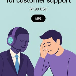 May include: Illustration of two figures, one wearing a headset and suit, the other looking distressed. Text reads "How to use ChatGPT for customer support" and "MP3". The color palette includes purple, blue, and white.