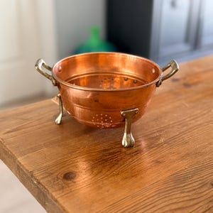 Vintage Solid Copper Footed Colander Brass Handles & Feet - Small Hanging Strainer Kitchenware Rustic Farmhouse French Country Cookware