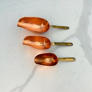 Vintage ODI Solid Copper Scoop Set of 3 Made in Korea Brass Handle Stamped - 7 oz, 3 oz & 2 oz - Mid-Century Kitchen Cookware Utensils Tools