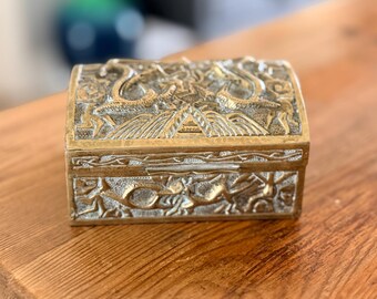 Vintage Dragon Chinese Vintage Brass Box Wood Lined - Small Jewelry Trinket Treasure Storage Metal Organizer - Decorative Keepsake