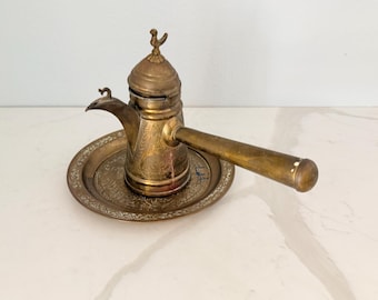 Vintage Brass Dallah Teapot Set Middle Eastern Arabic Coffee Tea Server with Matching Platter Long Handle Etched Design Bird Finial on Lid