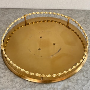 Vintage Brass Round Tray with Bamboo Style Railing, Mid Century Bar Cart Tray, Hollywood Regency Decor, Patina Brass Serving Tray - Holiday