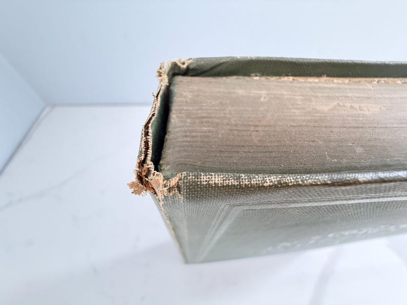 Puede incluir: Primer plano de la esquina de un libro antiguo, mostrando la cubierta y las p&aacute;ginas desgastadas. El libro tiene una cubierta verde descolorida con desgaste visible en los bordes, lo que sugiere su edad y uso.