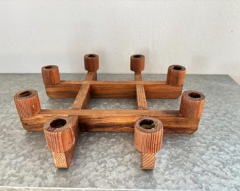 Vintage Wood Candelabra 8 Candles, Danish Scandinavian Style with Interlocking Module Design Candle Holder - Wooden Japandi Homeware Decor