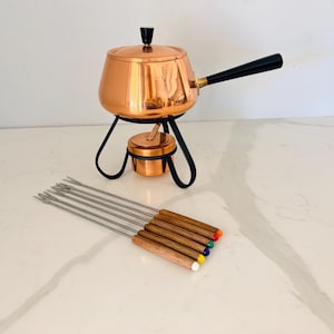 Vintage Solid COPPER FONDUE Pot Set - Burner, Brass Accents, Removable Black Handle, Stand, 6 Forks-Mid Century Retro Cookware Entertaining