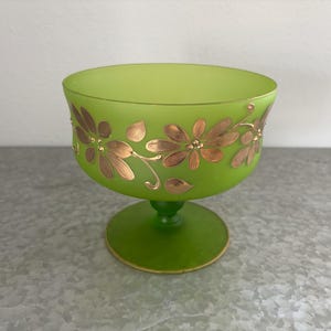 Vintage Green Satin Glass Footed Compote with Heavy Gold Gilt Applied Floral Detailing - 1960s Pedestal Bowl - Pop of Color Decor, Christmas