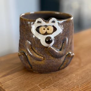 Vintage John Nishio Signed & Dated 1975 Stoneware Mug Japanese American, Studio Pottery Lemur with Tail Handle Coffee or Tea Cup