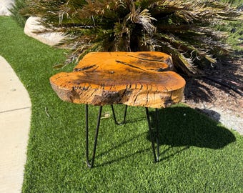 Vintage Burl Wood Handcrafted End Table Raw Live Edge & Shellac Finish Metal Black Legs - Mid-Century Wooden Pedestal Plant Stand Nightstand