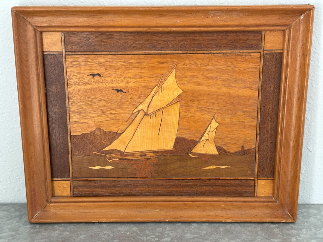 Vintage 1961 Wood Inlay Nautical Scene Wall Hanging | Mid Century ...
