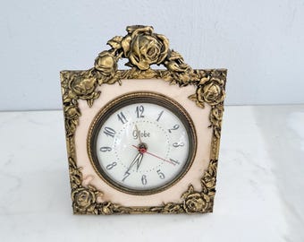 Vintage Globe Brass Roses Alarm Clock Made in USA Plug In - Metal, Silk, & Velvet Backing Mid Century Decor - Not Working