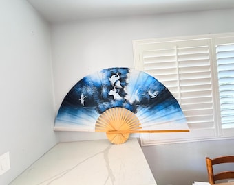 Vintage FAN Painting Wall Hanging - Large Landscape Ocean Blue Swan Artwork 60" W - Seaside Beach Home Decor Bird Statement Art Display