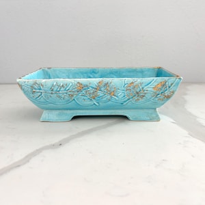 Vintage Blue Rectangular Ceramic Dish Planter - Leaf Design with Gold Accents and Gold Rim - "Robin’s Egg Blue” - Mid-Century Style Pottery