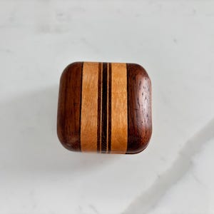 Vintage Mini Handmade Inlay Wooden Lidded Box - Wood Square with Soft Corners, Round Inside, Cork Top & Felt Bottom - Turn to Tighten Lid