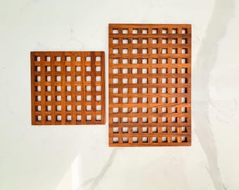 Vintage Teak Wood Lattice Trivet Set  - Set of 2 Large & Small Serving Tray Platter Dansk Scandinavian Style Danish Handcrafted Wood Trays
