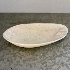 Vintage Ashtray Mid-Century Modern Ceramic, Creamy-White Speckled Glazed Top, Plain on the Bottom, Leaf Shape, Abstract Retro Decor Dish MCM