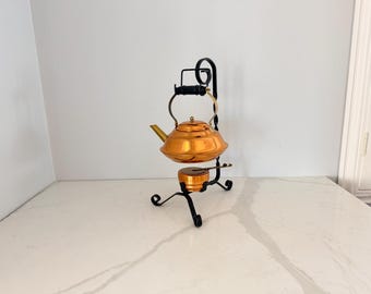 Vintage Large Solid Copper & Brass Tea Kettle Hanging Stand Wood Handle Burner 16” Mid Century Coppercraft Teapot Rustic Farmhouse Cookware